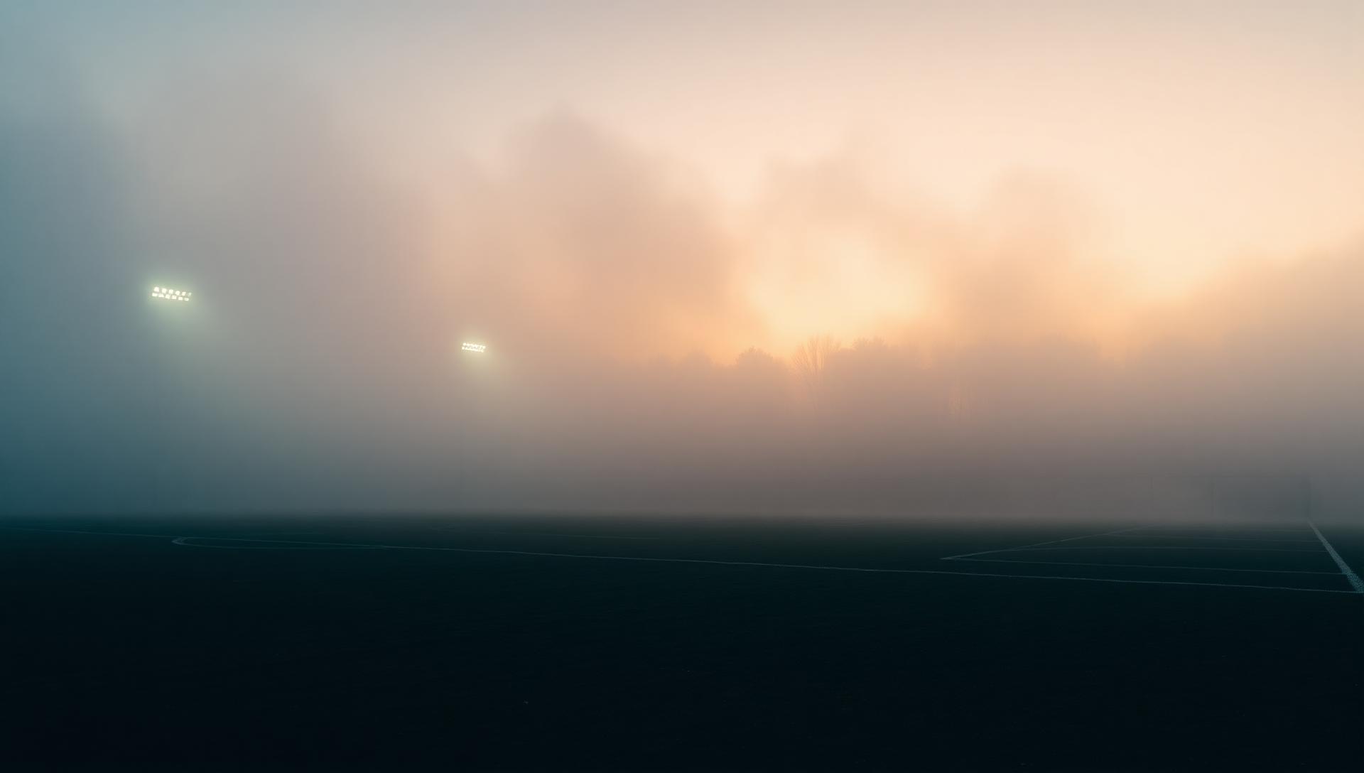 Terrain de football breton dans la brume du matin